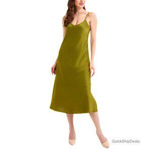 Satin Slip Dress Lined V-Neck Midi A-Line Spaghetti Strap Side Slits Formal